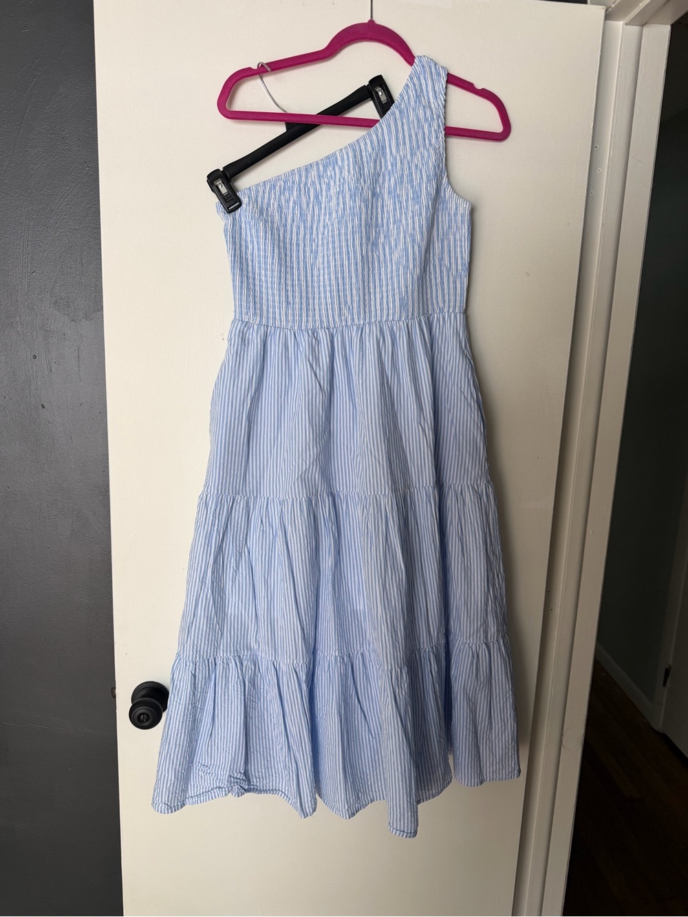 One-Shoulder Light Blue Striped Tiered Dress